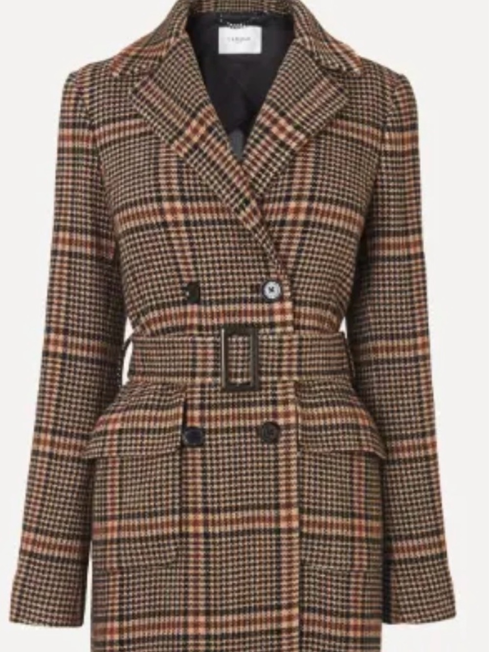NWT LK Bennett Wool Plaid Belted Long Coat in Brown and Tan